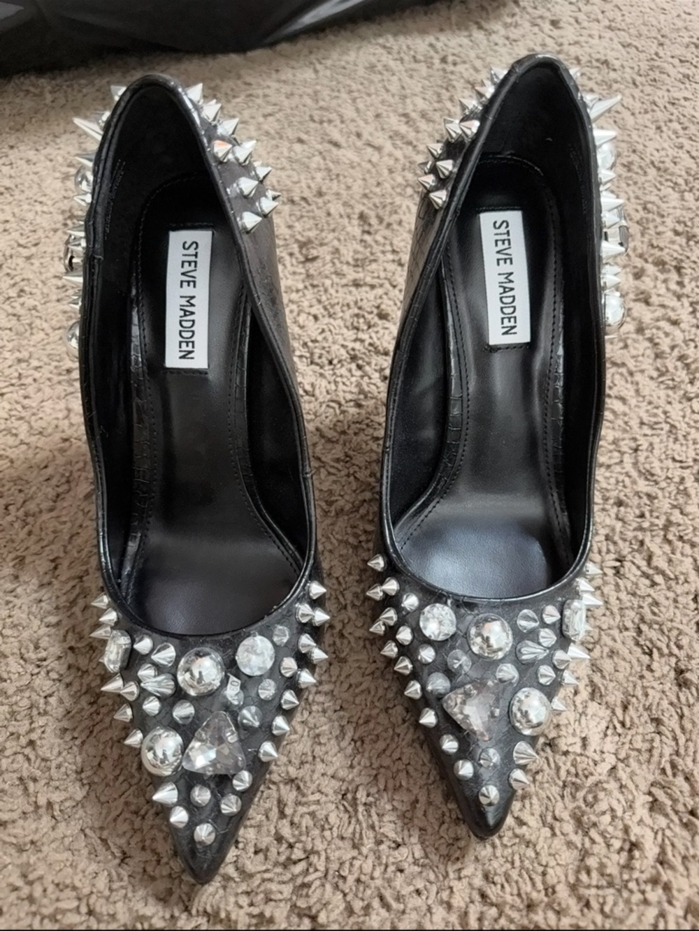 Steve Madden Black Pointed Toe Pumps with Silver Studs and Crystals